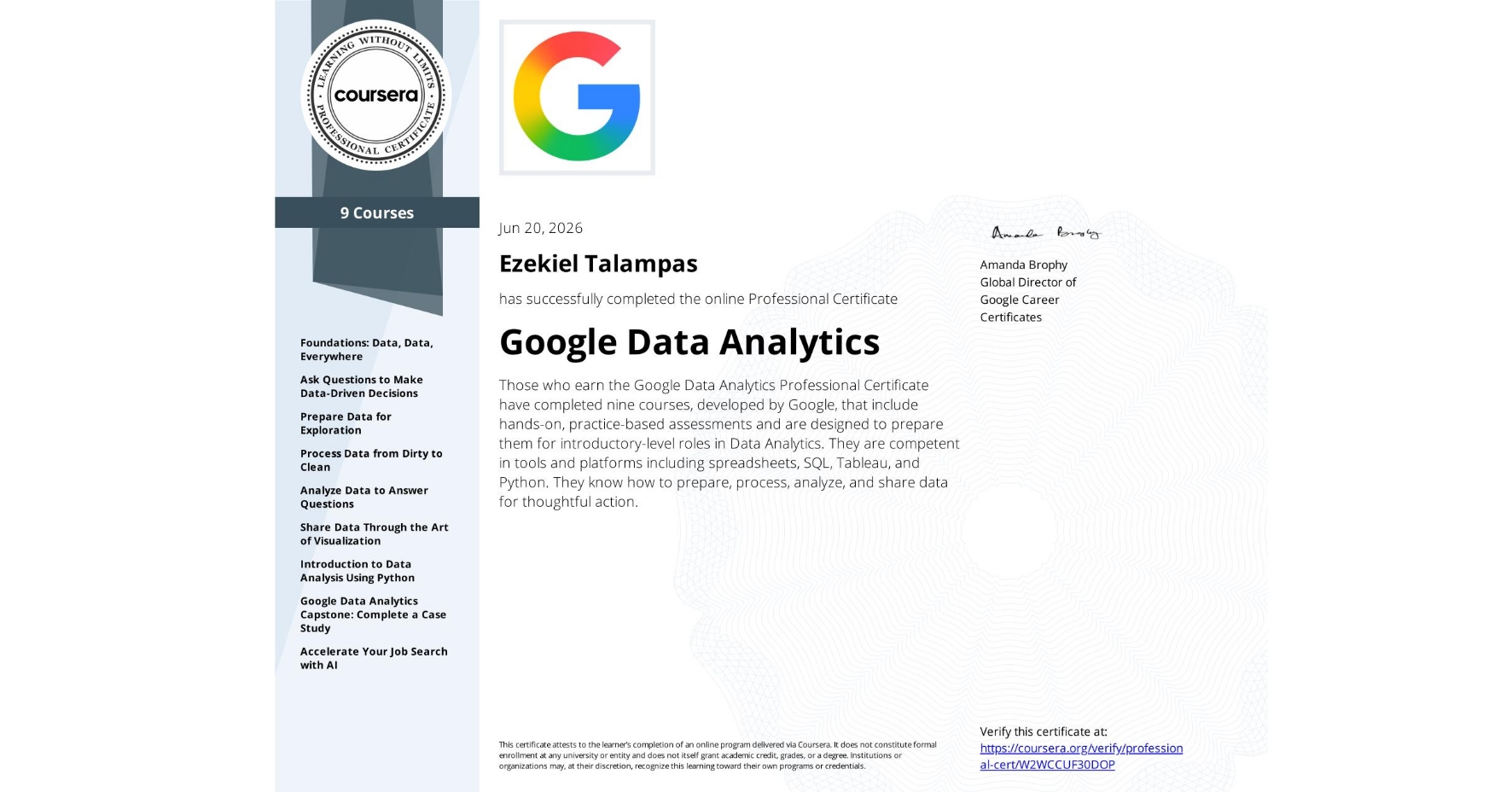 Google Data Analytics certificate